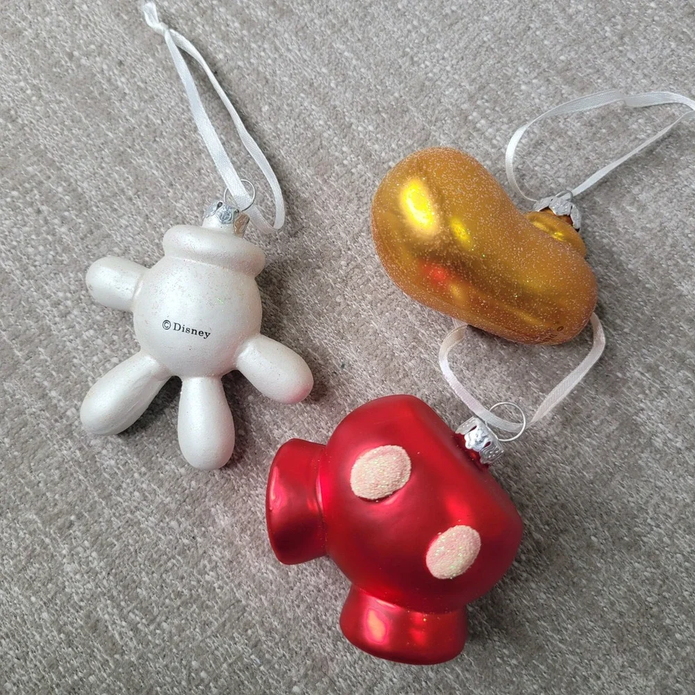 Disney Mickey Mouse Glove Shorts Shoe Glass Christmas Ornaments Set 3 Red Gold